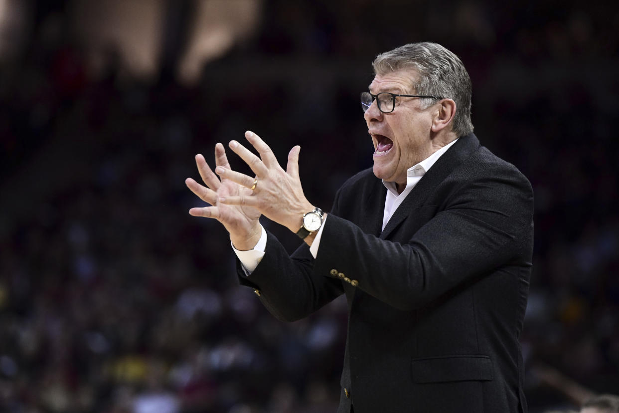 Connecticut coach Geno Auriemma shouts at players during the first half of an NCAA college basketball game Monday, Feb. 10, 2020, in Columbia, S.C. South Carolina defeated Connecticut 70-52. (AP Photo/Sean Rayford)