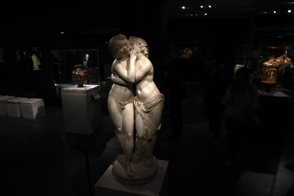 The Group of Eros and Psyche (Soul), A.D. 130-150 is on display ahead of the Greece's Acropolis Museum official launch of an exhibition, in Athens, Tuesday, Dec. 5, 2023. The artifact will be displayed as part of an exhibition "Meanings: Personifications and Allegories, from Antiquity to Today" that will include 165 works of art, many from leading European museums and many being loaned for the first time. (AP Photo/Thanassis Stavrakis)