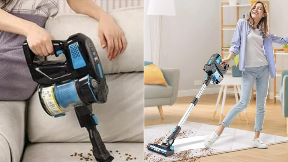 someone using the vacuum as a handheld to clean crumbs off a couch / another person using the stick vacuum to clean dirt off a rug while smiling