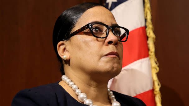 PHOTO: United States Attorney for the District of Massachusetts Rachael Rollins is seen during a press conference held at Boston Police Headquarters, Feb. 6, 2023, in Boston. (Jessica Rinaldi/The Boston Globe via Getty Images, FILE)