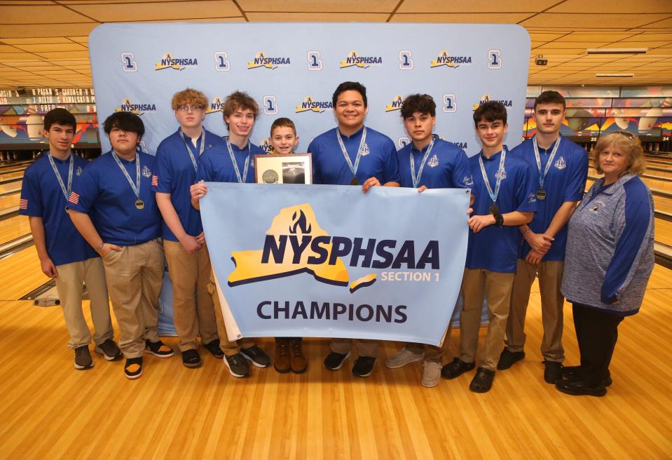 The Hendrick Hudson boys bowling team after winning the Section 1 small-schools boys bowling championship in Fishkill on Feb. 14, 2024.