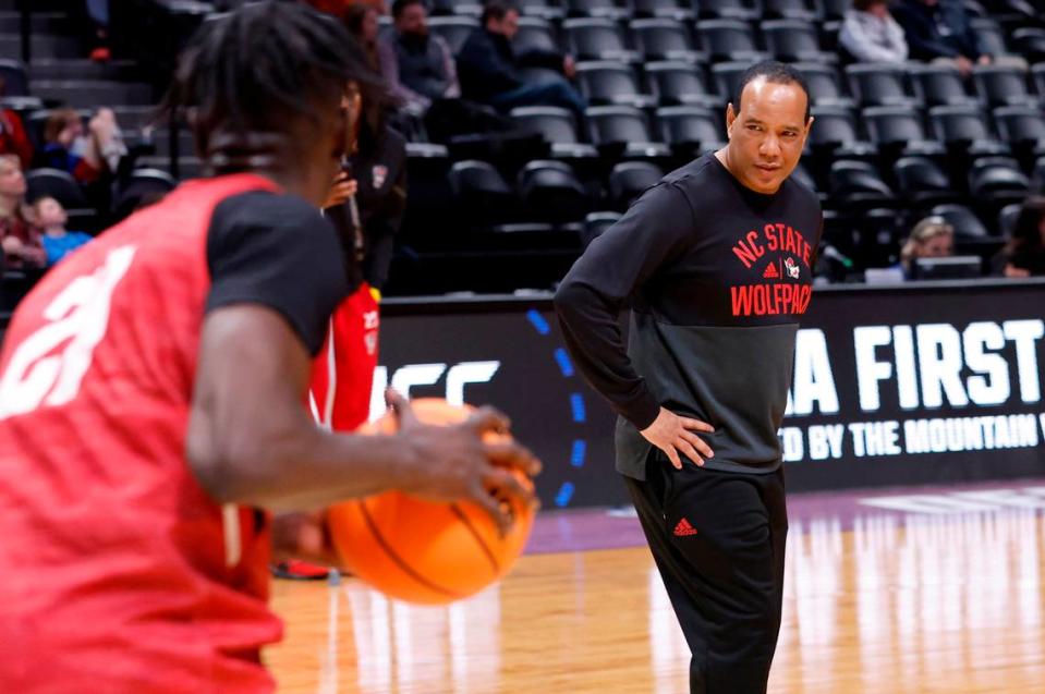 N.C. State head coach Kevin Keatts watches the Wolfpack practice at Ball Arena in Denver, Colo. Thursday, March 16, 2023. The Wolfpack will face Creighton in the first round of the NCAA Tournament Friday.