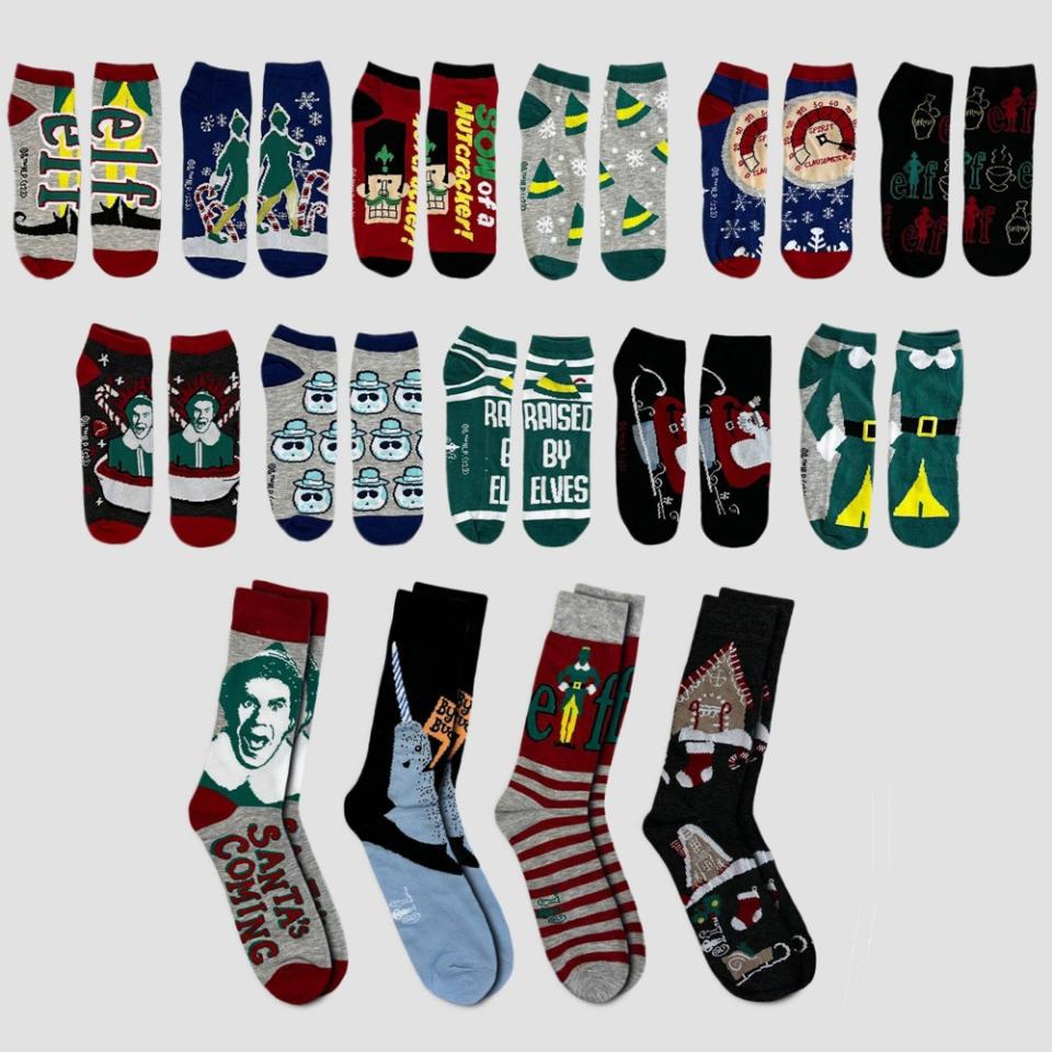 <p><a href="https://go.redirectingat.com?id=74968X1596630&url=https%3A%2F%2Fwww.target.com%2Fp%2Fmen-39-s-elf-15-days-of-socks-advent-calendar-red-black-green-6-12%2F-%2FA-89156606&sref=https%3A%2F%2Fwww.bestproducts.com%2Flifestyle%2Fg46094256%2Felf-movie-merch%2F" rel="nofollow noopener" target="_blank" data-ylk="slk:Shop Now;elm:context_link;itc:0;sec:content-canvas" class="link ">Shop Now</a></p><p>Men’s 15 Days of Socks Advent Calendar</p><p>target.com</p><p>$15.00</p>