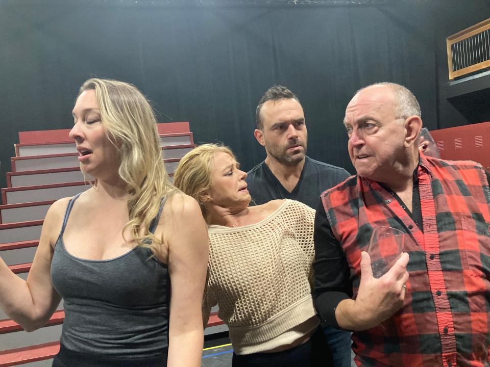 From left to right, Kim Anderson, Serena Magnan O'Connell, Kyle Ferguson and Bob Bolyard rehearse a scene Nov. 1, 2023 in South Burlington for Lyric Theatre's production of "The Prom."