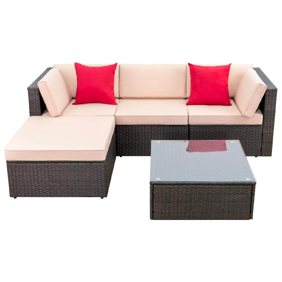 Devoko Wicker Patio Sectional and Glass Table