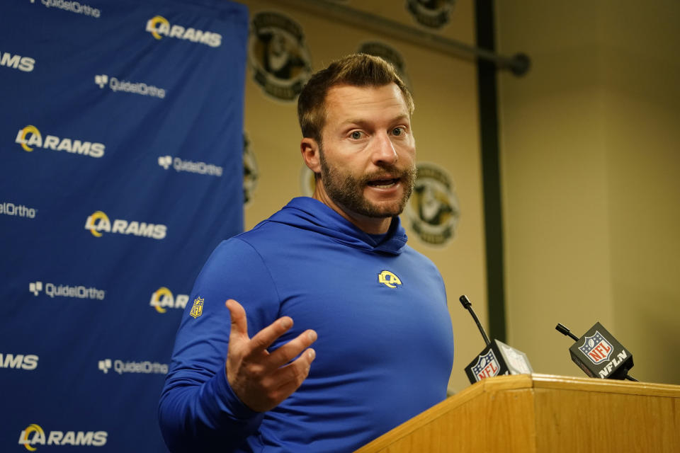 Los Angeles Rams head coach Sean McVay answers questions during a press conference after an NFL football game against the Green Bay Packers, Sunday, Nov. 5, 2023, in Green Bay, Wis. The Packers won 20-3. (AP Photo/Morry Gash)