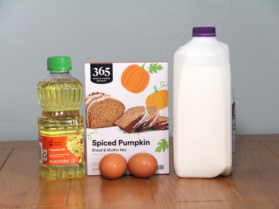 Whole Foods 365 pumpkin bread mix with oil, eggs, and milk.