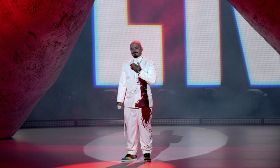 J Balvin performs for the 21st Latin Grammy Awards, airing on Thursday, Nov. 19, 2020, at American Airlines Arena in Miami. (AP Photo/Taimy Alvarez)