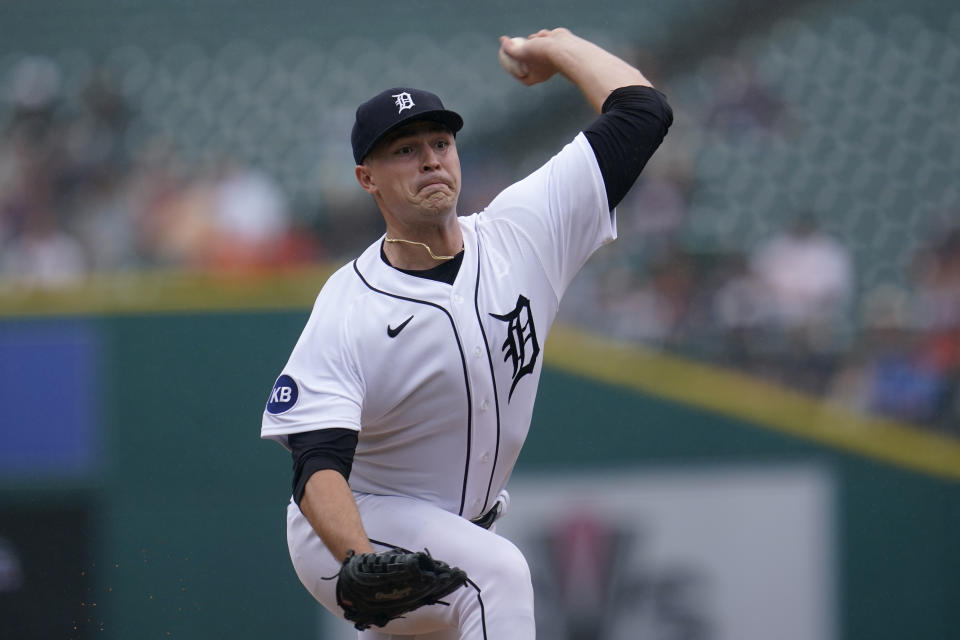 Detroit Tigers pitcher Tarik Skubal throws against the San Diego Padres in the first inning of a baseball game in Detroit, Wednesday, July 27, 2022. (AP Photo/Paul Sancya)