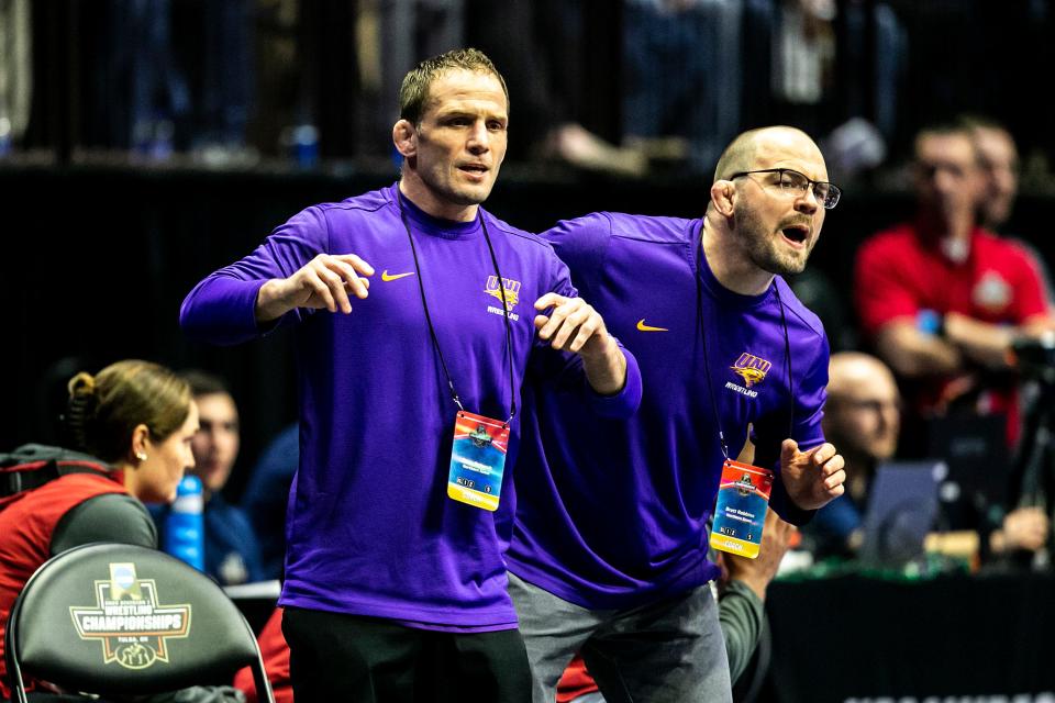 Northern Iowa head coach Doug Schwab, left, and Brett Robbins call out instructions during the second session of the NCAA Division I Wrestling Championships, Thursday, March 16, 2023, at BOK Center in Tulsa, Okla.