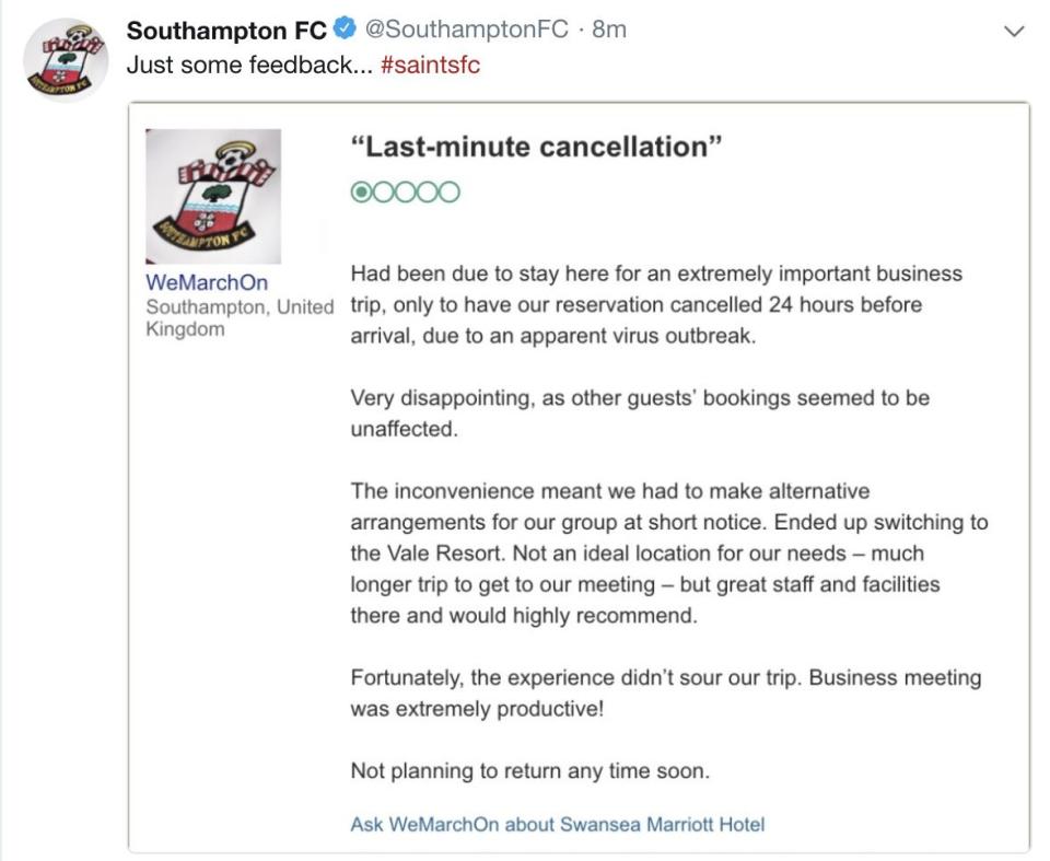 That’ll show them! Saints went to town after their hotel booking was suddenly cancelled