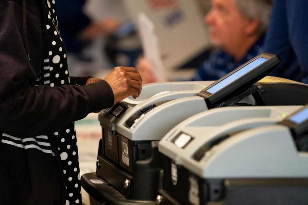 People vote in the 2024 Indiana primary election at Washington Square Mall in Evansville, Ind., Tuesday, May, 7, 2024