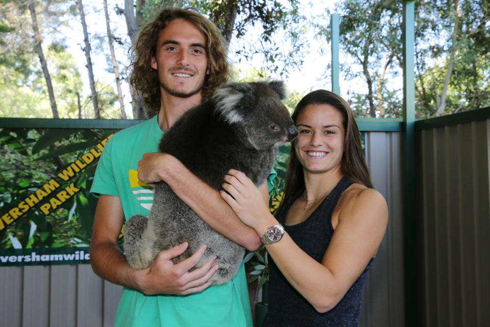 PERTH, AUSTRALIA – DECEMBER 30: Maria Sakkari and Stefanos Tsitsipas of Greece pose with a koala at Caversham Wildlife Centre during day two of the 2019 Hopman Cup at RAC Arena on December 30, 2018 in Perth, Australia. (Photo by Will Russell/Getty Images)