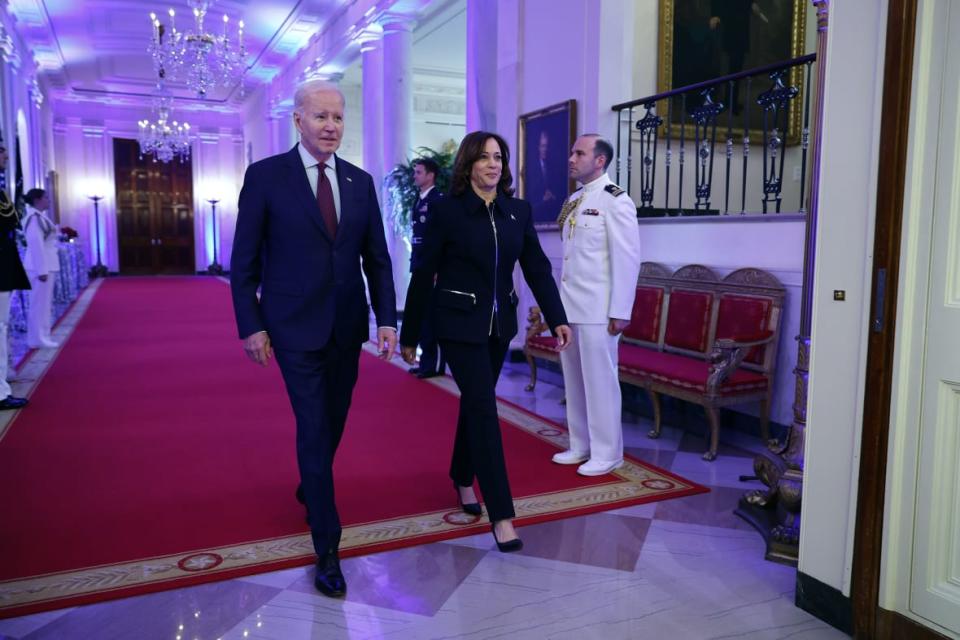 U.S. President Joe Biden and Vice President Kamala Harris arrive for a celebration marking Jewish American Heritage Month in the East Room of the White House on May 16, 2023, in Washington, D.C. (Photo by Chip Somodevilla/Getty Images)