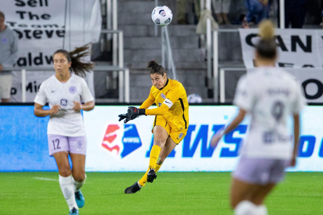 Racing Louisville FC goalkeeper Michelle Betos (1) kicks the ball down the field during the first half of an NWSL soccer match against Washington in Washington, on Saturday, Oct. 9, 2021. (AP Photo/Amanda Andrade-Rhoades)