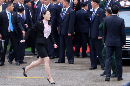 Kim Yo Jong, sister of Kim Jong Un, runs after they arrive at the border town of Dong Dang, Vietnam, February 26. REUTERS/Stringer