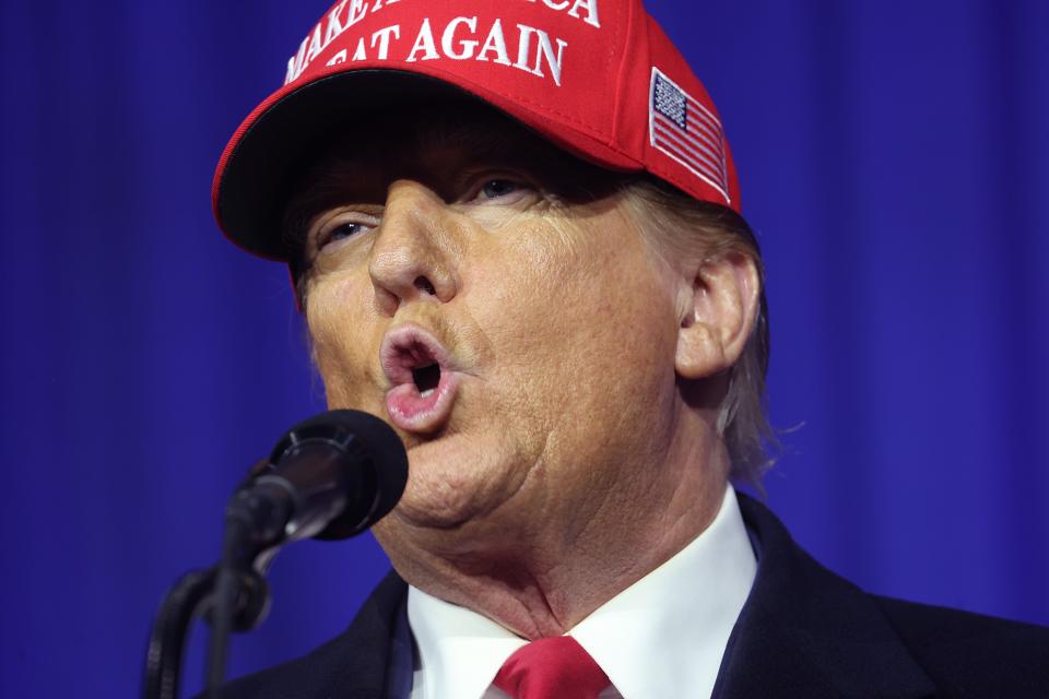 Republican presidential candidate former President Donald Trump speaks to supporters during a rally on Feb. 17, 2024 in Waterford, Michigan. Trump is to visit Grand Rapids on Tuesday, April 2.