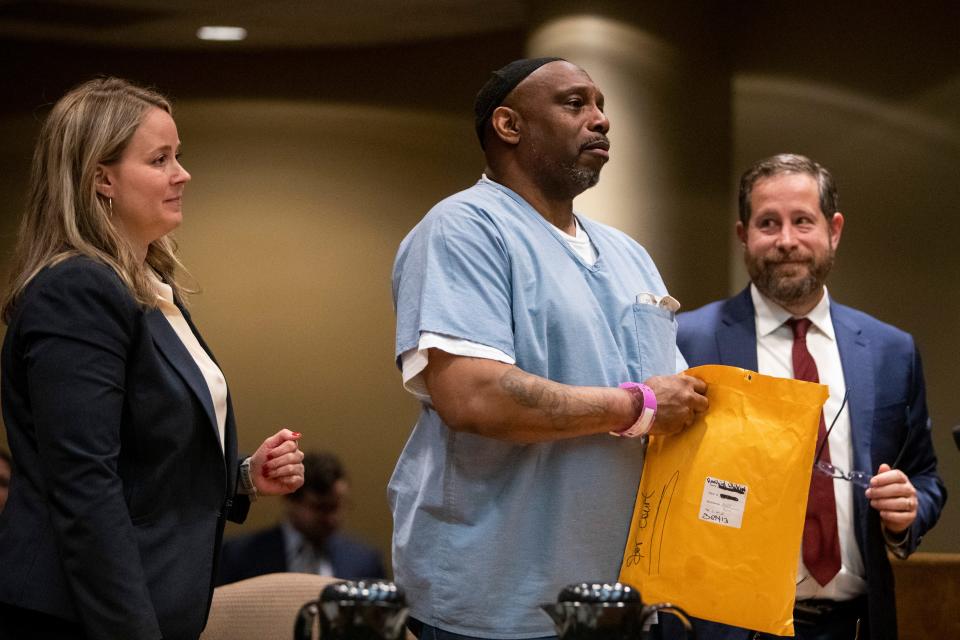 Artis Whitehead, who has been in jail since 2003 on charges related to the robbery of B.B. King’s in 2002, thanks Judge Jennifer Fitzgerald after she ruled that he would receive a new trial and be released later Friday as Jessica Van Dyke, the lead counsel and executive director of the Tennessee Innocence Project, and Jason Gichner, deputy director and senior legal counsel of the Tennessee Innocence Project, smile in Shelby County Criminal Court Judge on Friday, December 15, 2023.