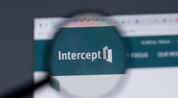 Intercept Pharmaceuticals logo on its webpage on a computer screen. ICPT stock.