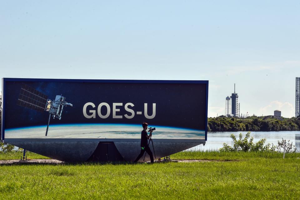 A SpaceX Falcon Heavy remains in the hangar on Pad 39A at Kennedy Space Center, FL Monday, June 24, 2024. It is scheduled to launch Tuesday with the GOES-U satellite. Craig Bailey/FLORIDA TODAY via USA TODAY NETWORK