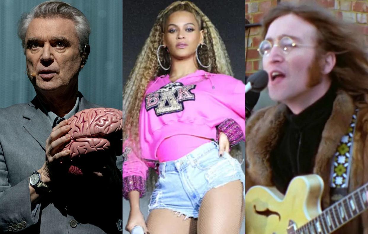 From L-R: David Byrne in American Utopia, Beyonce's Homecoming and John Lennon in 'Get Back: The Rooftop Concert' (Picture: Netflix/Press)