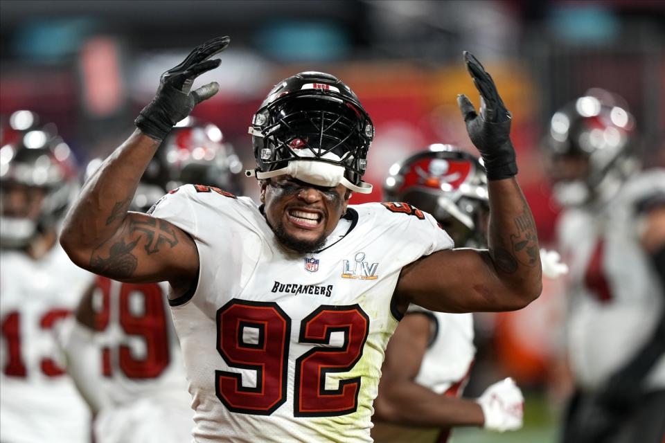 Tampa Bay defensive end William Gholston celebrates during Super Bowl LV.