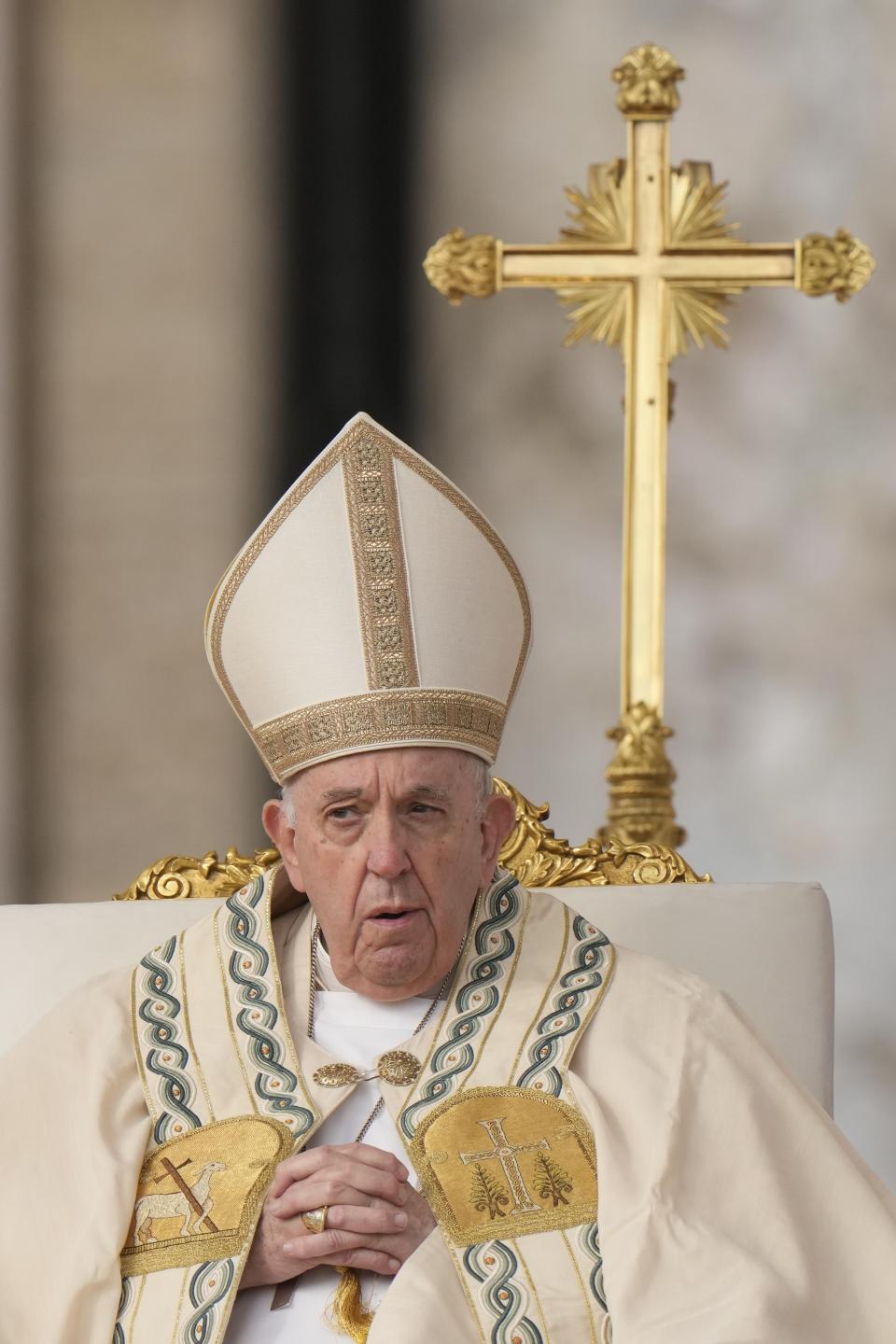 Pope Francis celebrates a mass for the canonization of two new saints, Giovanni Battista Scalabrini and Artemide Zatti, in St. Peter's Square at the Vatican, Sunday, Oct. 9, 2022. (AP Photo/Andrew Medichini)