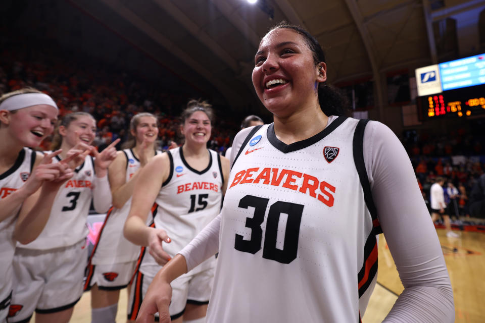 Oregon State's Timea Gardiner reacts after the Beavers' win over Nebraska on March 24. (Howard Lao/NCAA Photos via Getty Images)