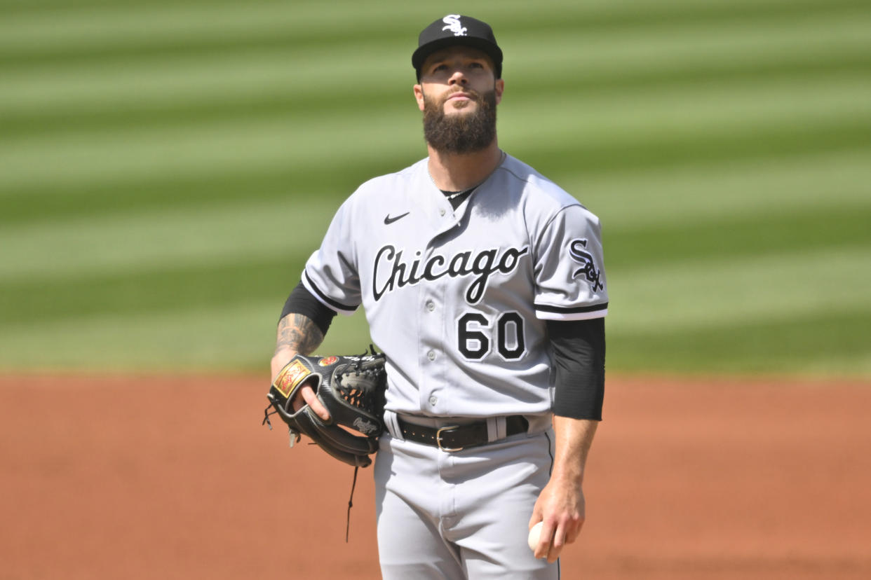 Apr 20, 2022; Cleveland, Ohio, USA; Chicago White Sox starting pitcher Dallas Keuchel (60) reacts after giving up a grand slam in the second inning against the Cleveland Guardians at Progressive Field. Mandatory Credit: David Richard-USA TODAY Sports