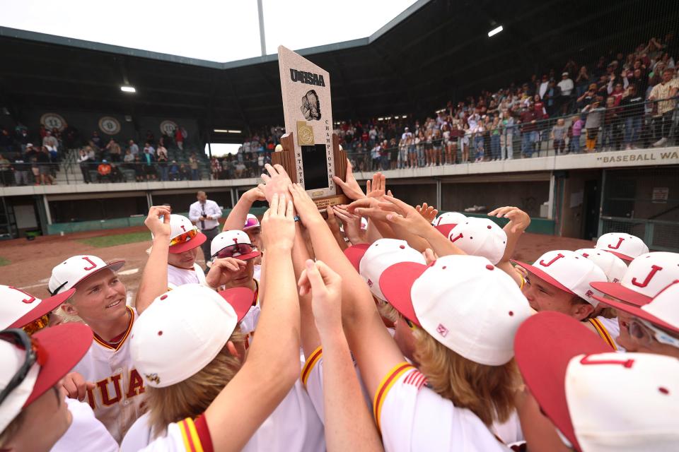 Juab celebrates winning the 3A baseball championship over Juan Diego Catholic High School at Kearns High on Saturday, May 13, 2023. Juab won 7-4. | Scott G Winterton, Deseret News