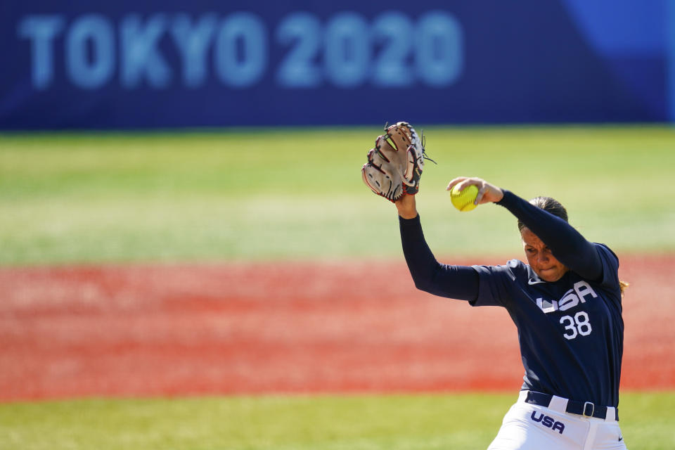 United States' Cat Osterman pitches during a softball game against Mexico at the 2020 Summer Olympics, Saturday, July 24, 2021, in Yokohama, Japan. (AP Photo/Matt Slocum)