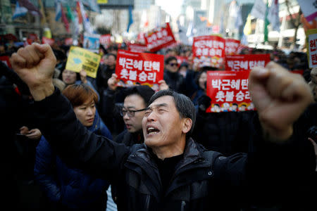 People react after hearing that President Park Geun-hye's impeachment was accepted in front of the Constitutional Court in Seoul, South Korea, March 10, 2017. REUTERS/Kim Hong-Ji