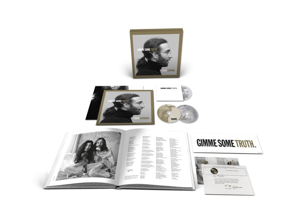 This image released by Yoko Ono Lennon and UMe shows a display of the deluxe edition of "Gimme Some Truth" by John Lennon. The album will be released Friday, on what would have been John Lennon’s 80th birthday, (Yoko Ono Lennon and UMe via AP)