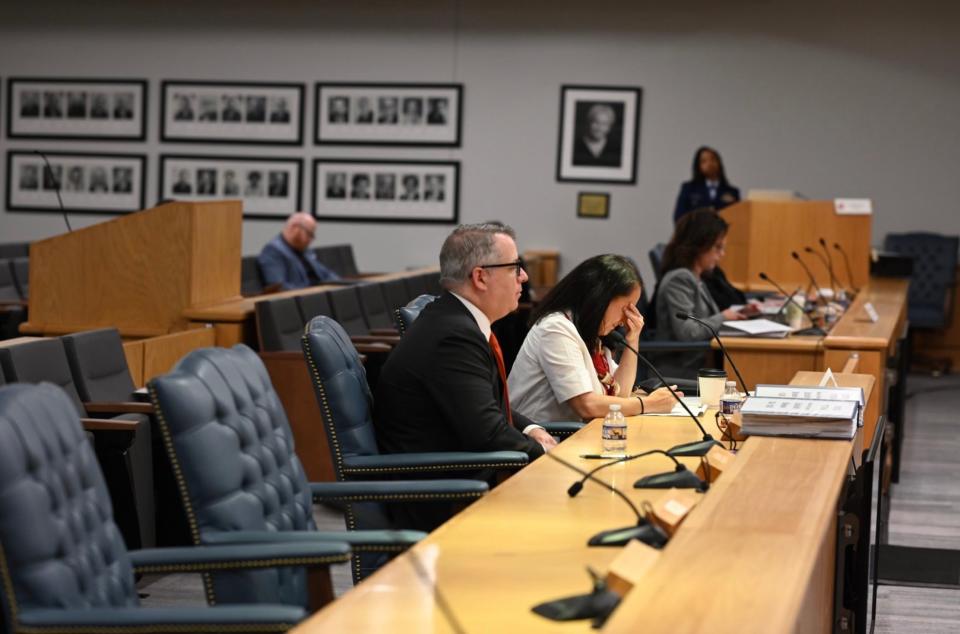 Renata Rojas, a mission specialist for OceanGate, breaks down while testifying about tragedy (USCG MaritimeCommons)