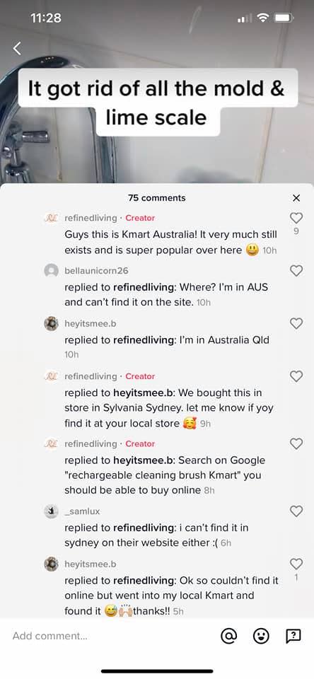 Screenshots from a TikTok video about Kmart's 'Rechargeable Cleaning Brush'