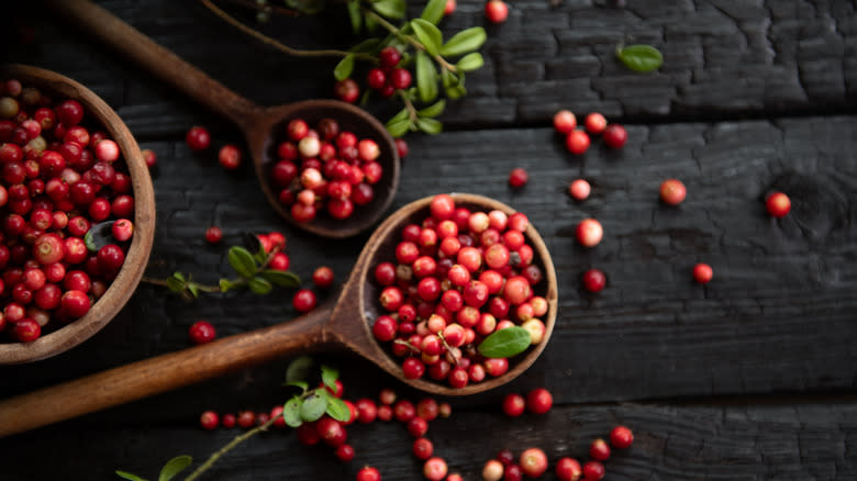 Cranberries in a wooden spoons and bowl 