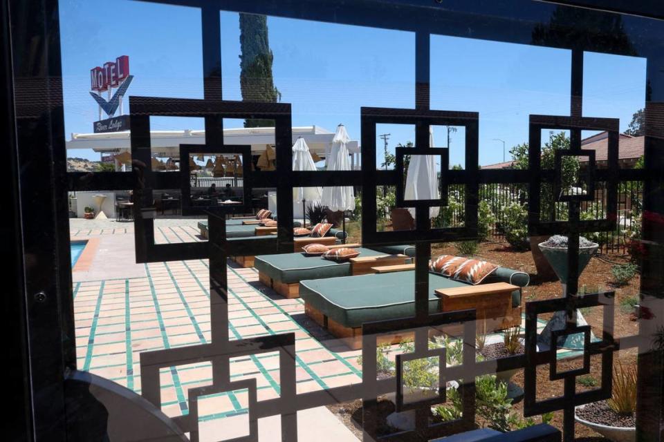 The original sign for the River Lodge was restored and a view through the gate shows the pool area has been upgraded. The Paso Robles property is a mid-century modern hotel built in 1947 but recently updated, as seen in these photos June 7, 2024.