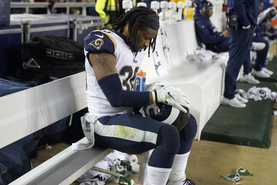 Los Angeles Rams running back Todd Gurley II sits on the bench during the second half of the team's NFL football game against the San Francisco 49ers in Santa Clara, Calif., Saturday, Dec. 21, 2019. (AP Photo/Tony Avelar)