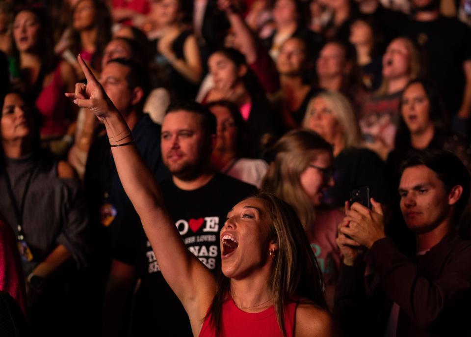 Fans of the Jonas Brothers watch the band at Bridgestone Arena in Nashville, Tenn., Monday, Oct. 9, 2023.