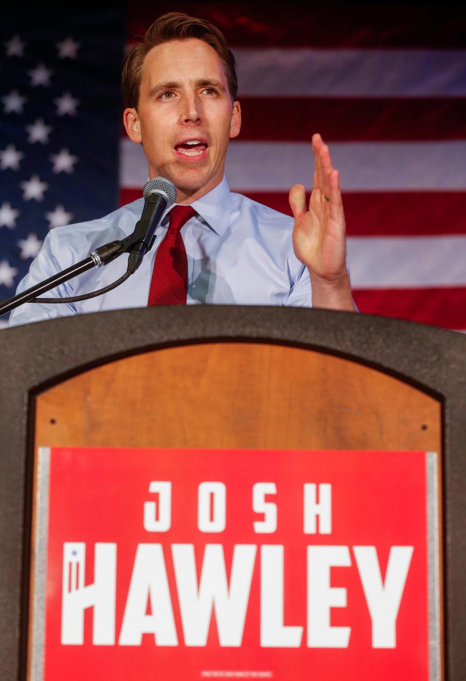 Josh Hawley speaks during the GOP watch party at the University Plaza Convention Center on Tuesday, Aug. 7, 2018.