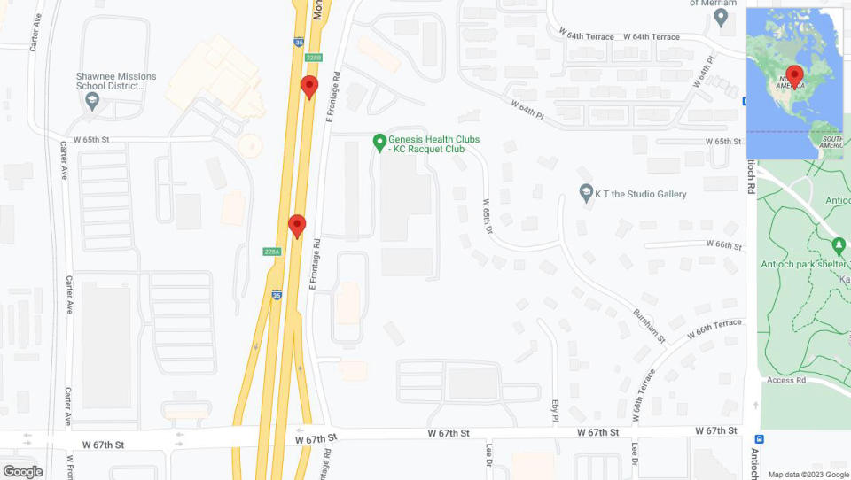 A detailed map that shows the affected road due to 'Broken down vehicle on eastbound I-35 in Merriam' on November 22nd at 7:59 p.m.