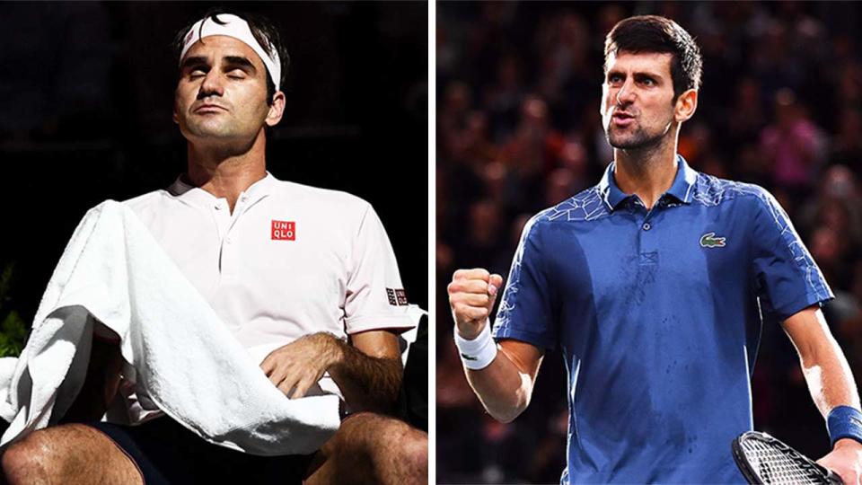 Novak Djokovic (pictured right) fist-pumping and (pictured left) Roger Federer taking a break between games.