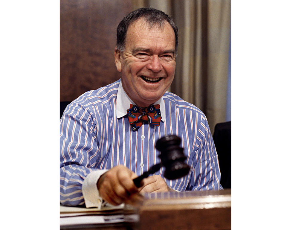 FILE - Then-chairman of The Associated Press Frank A. Daniels presides during a 1996 board meeting in New York. Daniels Jr. has died at 90. His son says he died Thursday, June 30, 2022. In addition to his service on the board of directors of the not-for-profit news cooperative, Daniels shepherded The News & Observer of Raleigh through an era of political and economic transformation in the New South. (AP Photo/File)