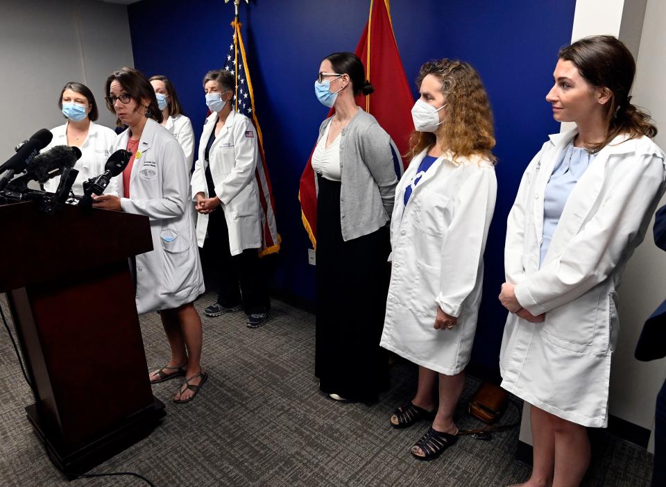 Doctor Katrina Green speaks during a press conference after the United States Supreme Court overturned Roe v. Wade, ending constitutional right to abortion on Friday, June 24, 2022, in Nashville, Tenn.