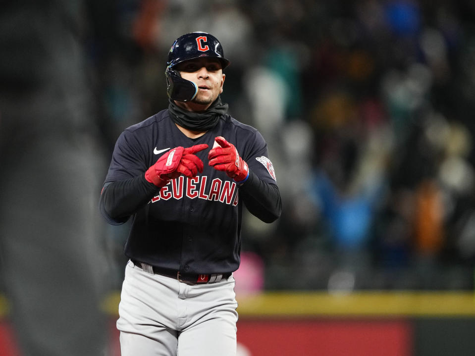 Cleveland Guardians' Andres Gimenez gestures as he runs the bases after hitting a home run against the Seattle Mariners in the seventh inning during a baseball game Saturday, April 1, 2023, in Seattle. (AP Photo/Lindsey Wasson)