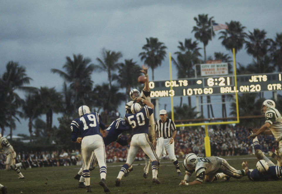 Quarterback Johnny Unitas of the Baltimore Colts throws a pass against the New York Jets in historic Super Bowl III in Miami. (Photo by Focus on Sport via Getty Images)