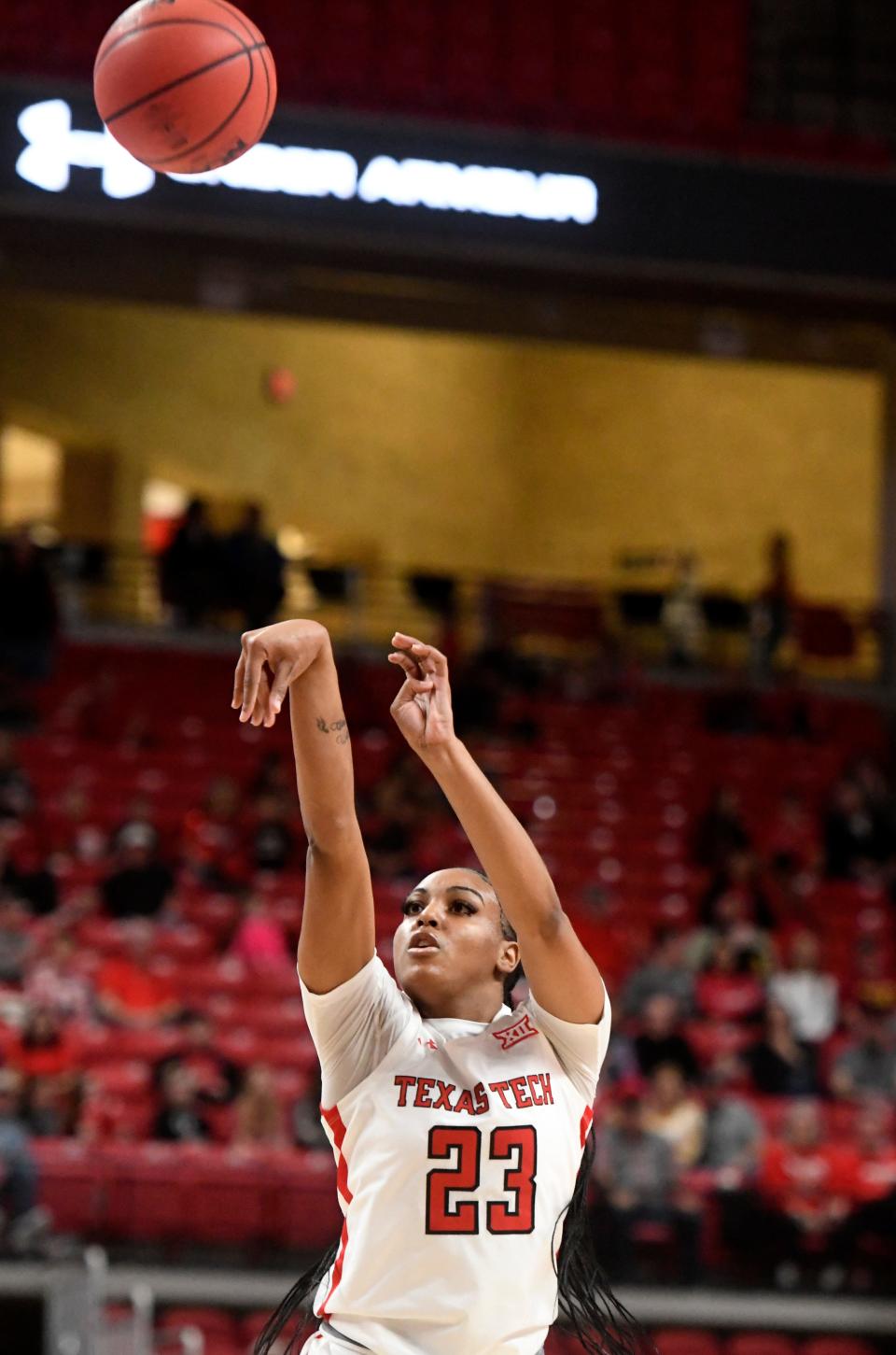 Texas Tech's guard Bre'Amber Scott (23) shoots the ball against Iowa State, Saturday, Dec. 31, 2022, at United Supermarkets Arena. 