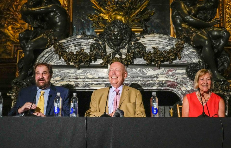 Julian Fellowes,  center, creator of "Downton Abbey" and "The Gilded Age"; Preservation Society CEO Trudy Coxe, right; and Steven Feinberg, executive director of the Rhode Island Film and Television Office.