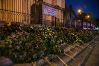 <p>Flower arrangements cover the steps of the Cathedral of Culiacan Mexico after the funeral mass of slain journalist Javier Valdez, Tuesday, May 16 2017. (AP Photo/Rashide Frias) </p>