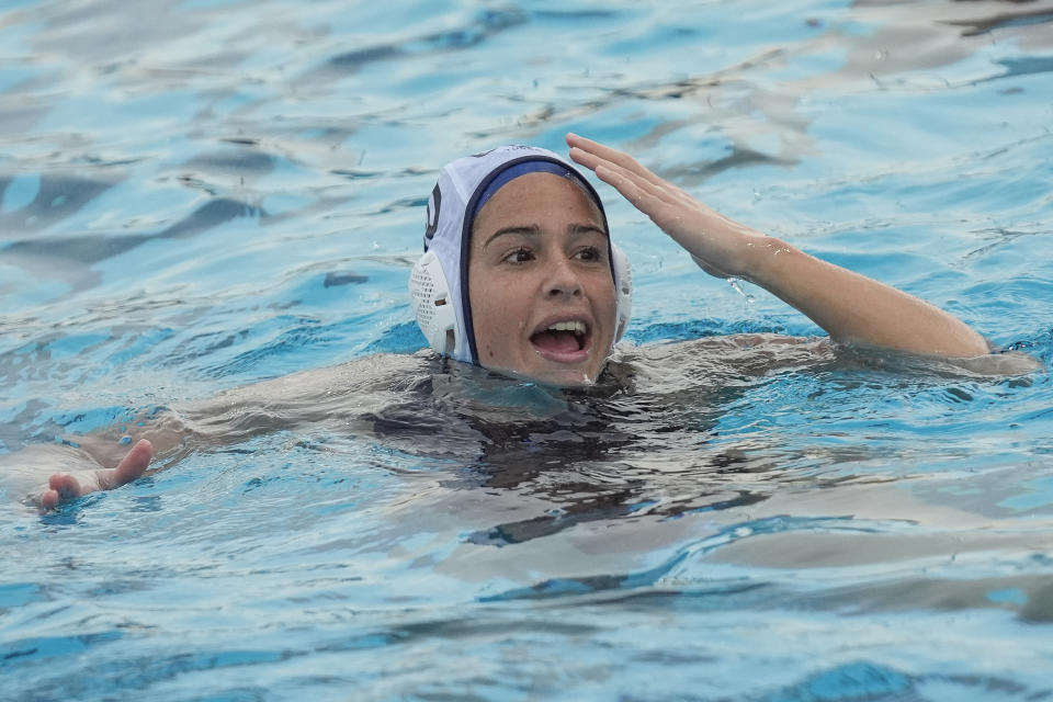 U.S. women's water polo gold medal Olympian Rachel Fattal practices during a training session at Long Beach City College, on Thursday, Jan. 18, 2024, in Long Beach, Calif. The versatile Fattal is a key player for the U.S. as it goes for a fourth consecutive gold medal at the Paris Olympics this summer. (AP Photo/Damian Dovarganes)